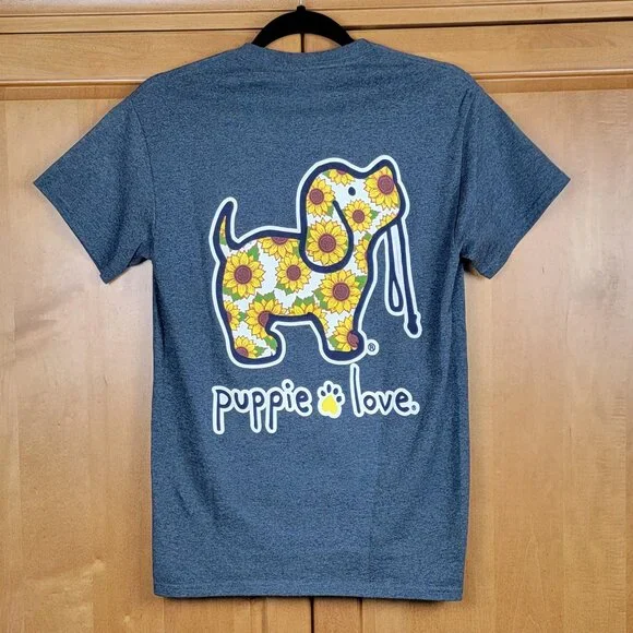 Puppie Love Heather Grey Short Sleeve Sunflower Dog Tee - S - Picture 6 of 9